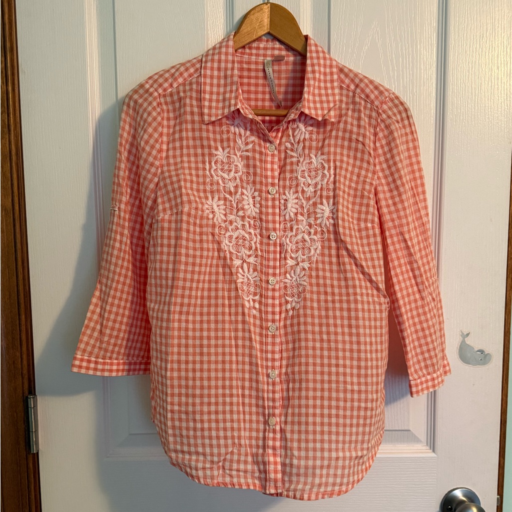 Lc Lauren Conrad Pink & White Gingham Button Up With Embroidery Xs
